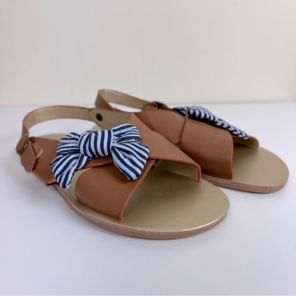 Joyfolie | Striped Bow Criss Cross Sandal Brown With Navy White Bow | Girls 2. - Picture 3 of 9